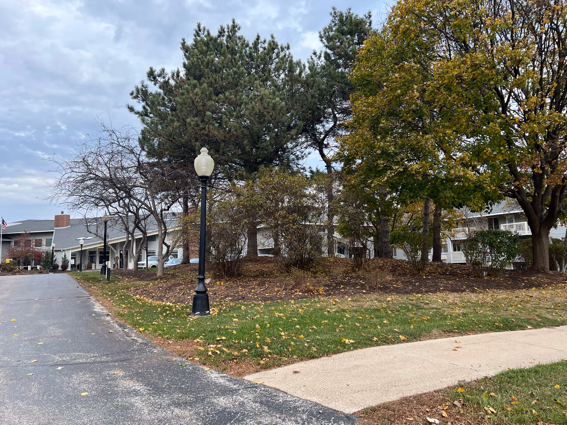 Driveway and landscaped front grounds with a lamppost and trees leading to the facade of a senior living building.