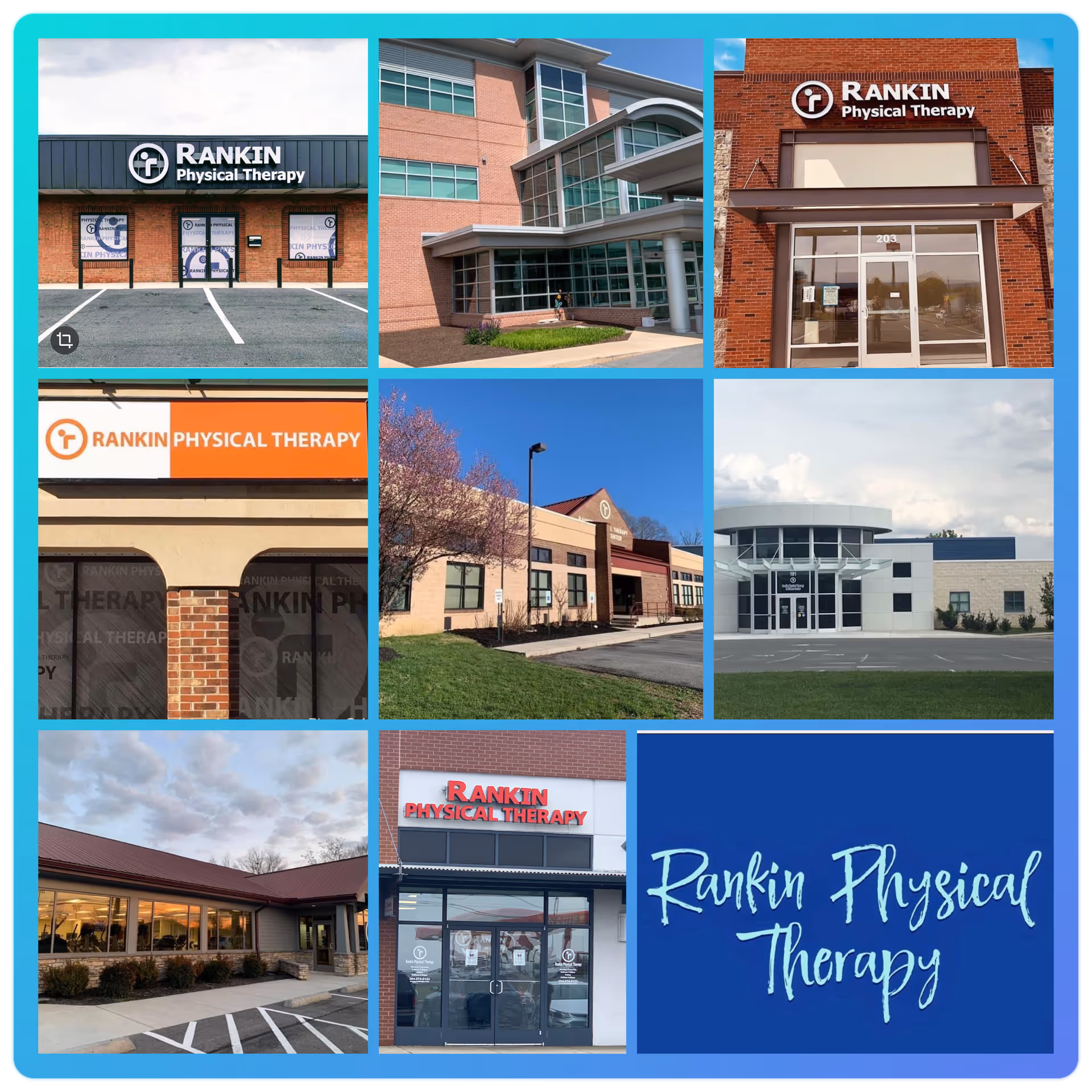 Collage of Rankin Physical Therapy clinic exteriors across multiple storefronts.