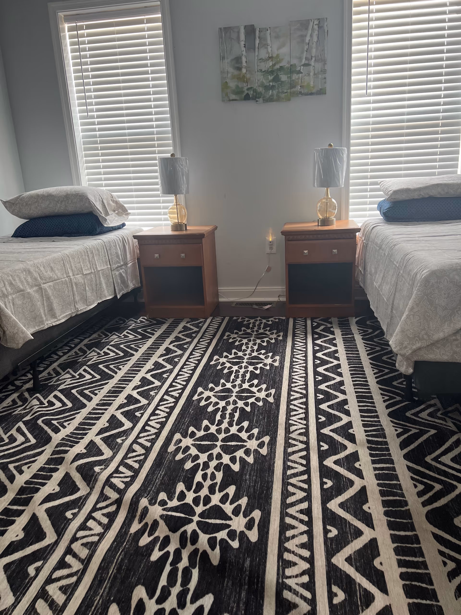 Two twin beds with nightstands, lamps, and a bold patterned rug in a bright bedroom.