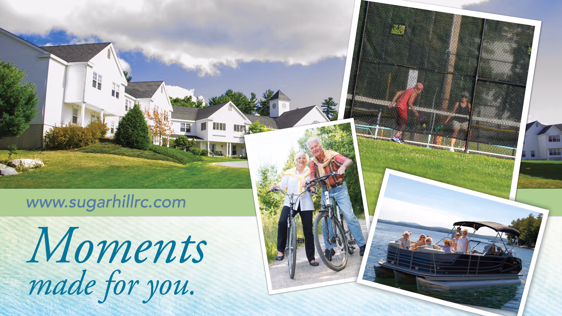 A collage image showing the exterior of a white retirement community building with green lawns and trees under a partly cloudy sky. Three smaller photos are overlaid: two elderly people with bicycles smiling outdoors, two people playing tennis on a court, and a group of people enjoying a boat ride on a lake.