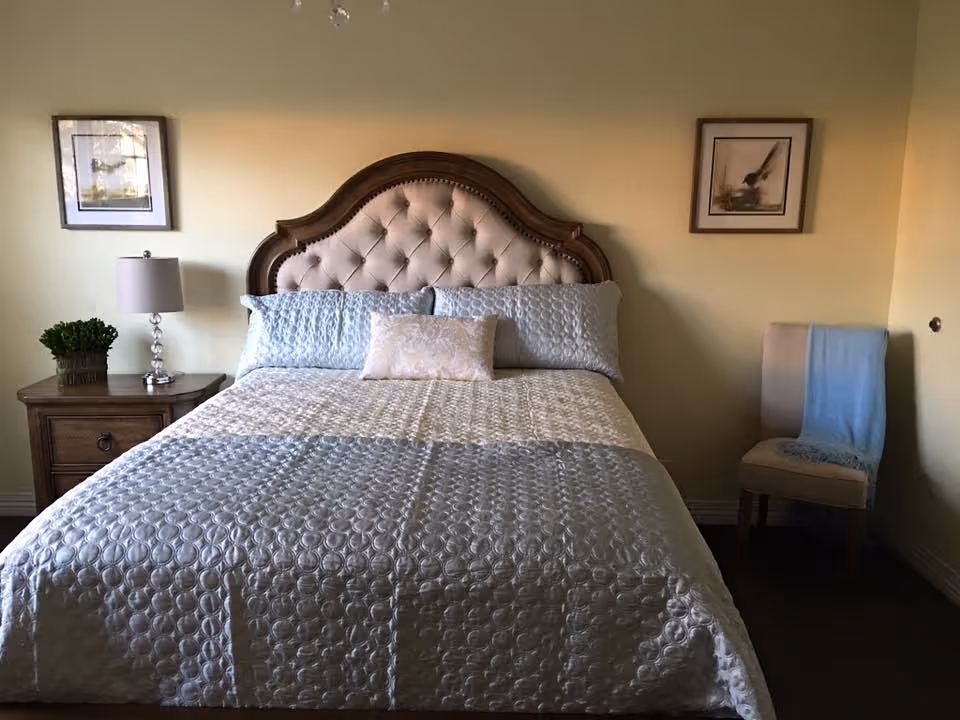 A neatly made bed with a tufted headboard in a bedroom. The bed has a light blue and beige patterned comforter with matching pillows. On the left side, there is a wooden nightstand with a lamp and a small green plant. On the right side, there is a beige chair with a light blue throw draped over it. Two framed pictures hang on the light yellow walls above the bed.