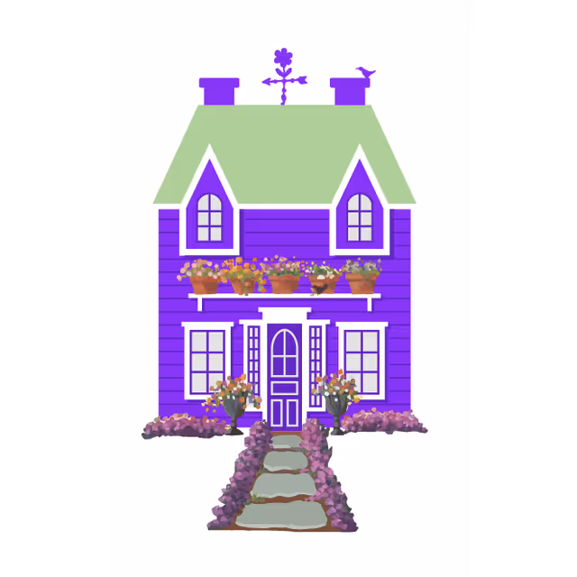 Purple house illustration with green roof and rows of flower pots on a balcony.