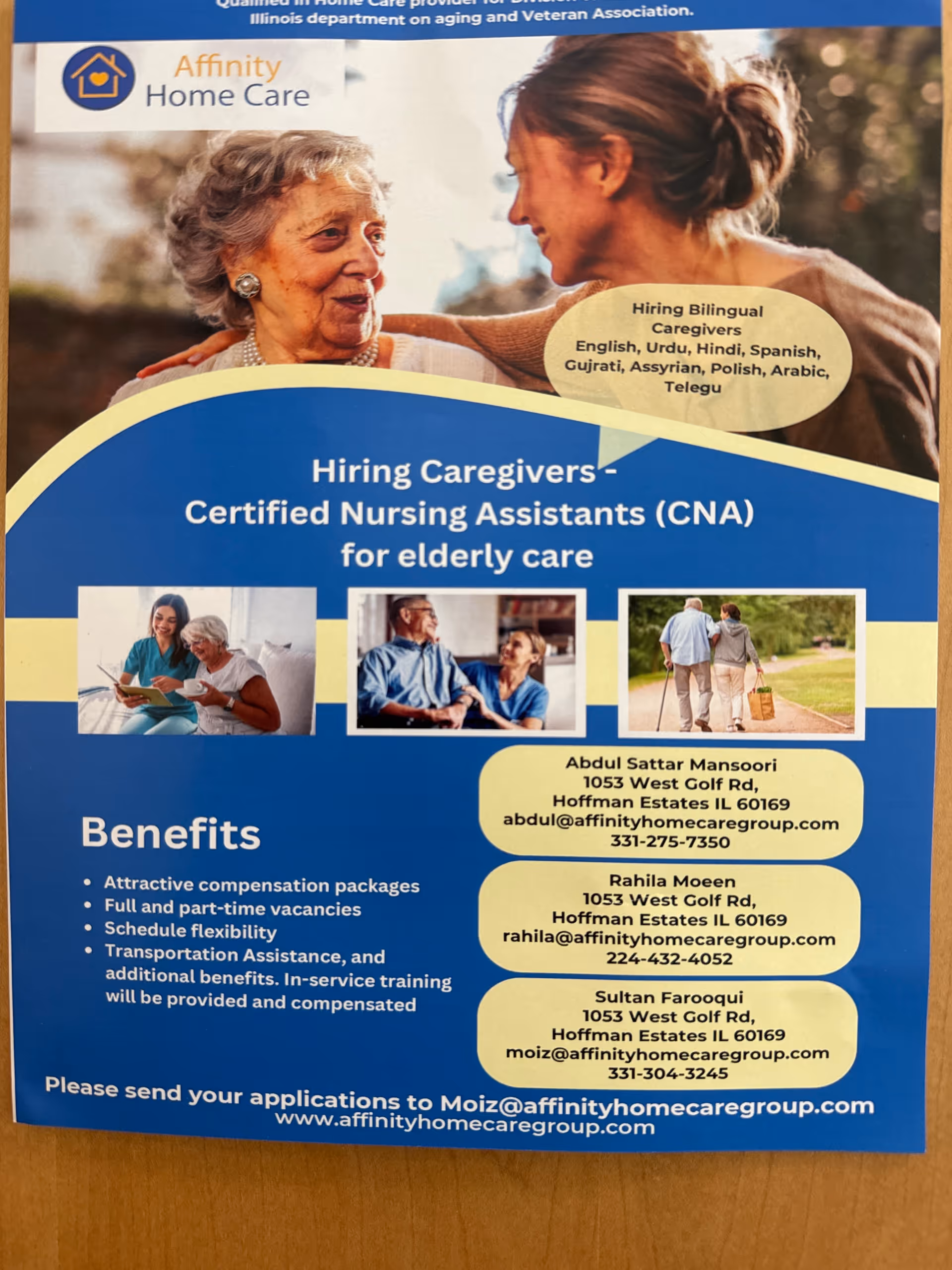 Large blue Affinity Home Care Group flyer featuring elderly residents and a caregiver.