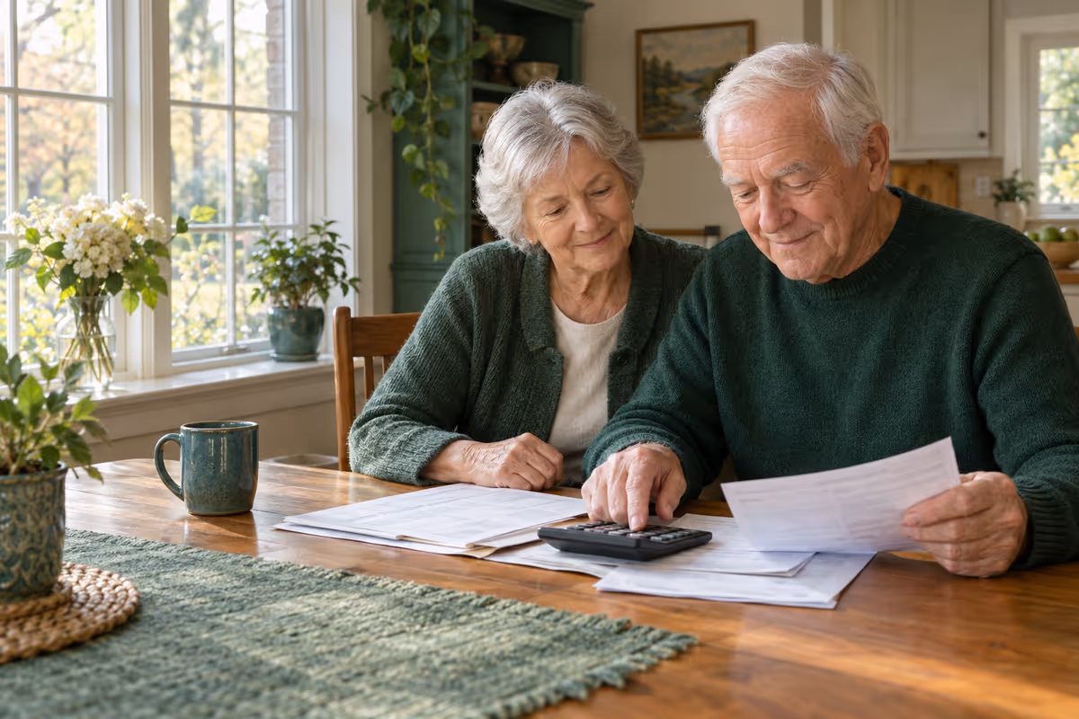 An older veteran and his wife review papers and a calculator at their kitchen table