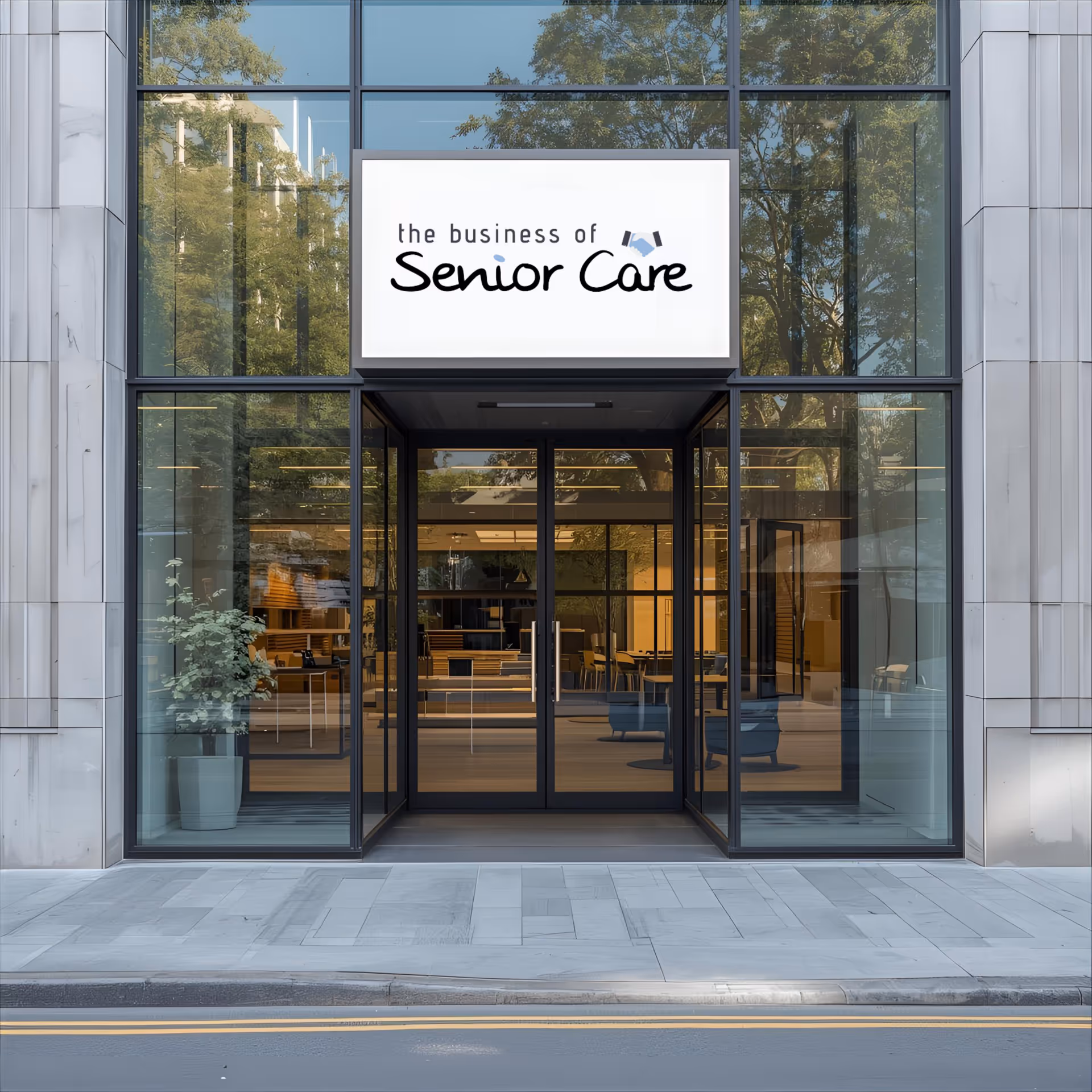 Modern glass-front entrance with signage reading The Business of Senior Care.