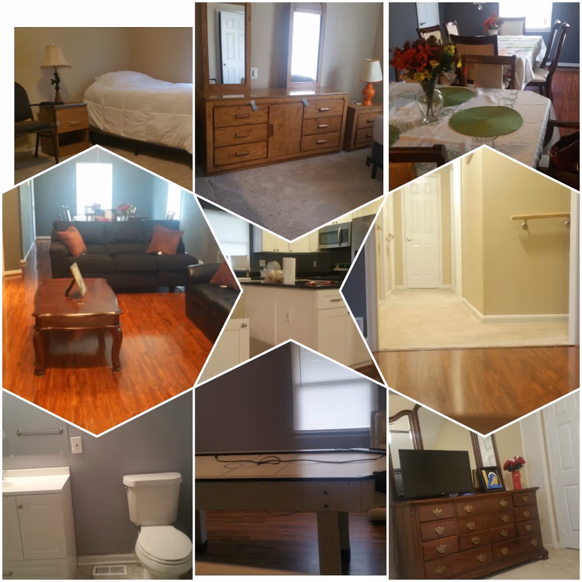 Collage of interior rooms including bedroom, living room, dining area, kitchen, and bathroom.