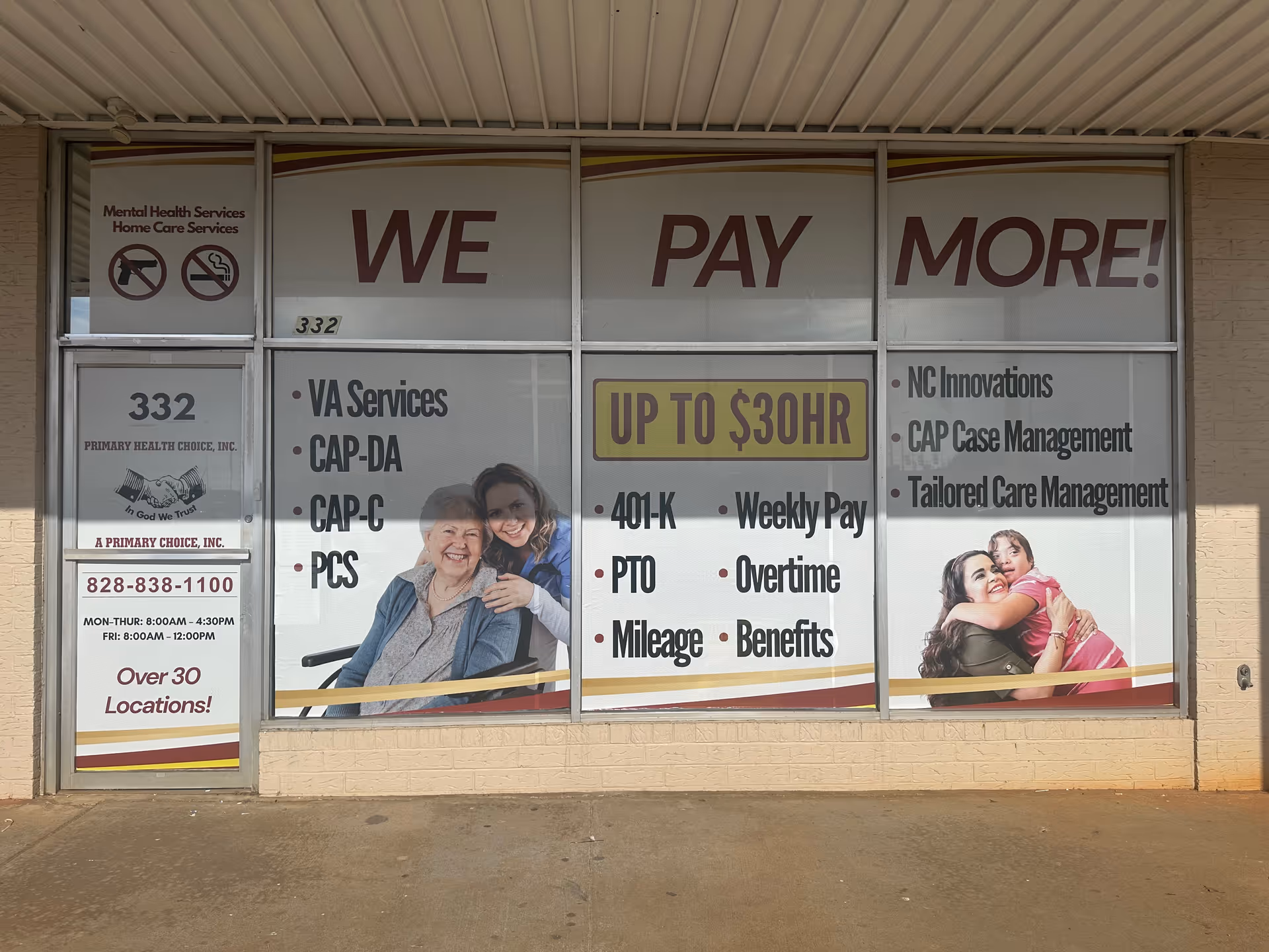 Storefront with large WE PAY MORE signs and caregiver service advertisements.