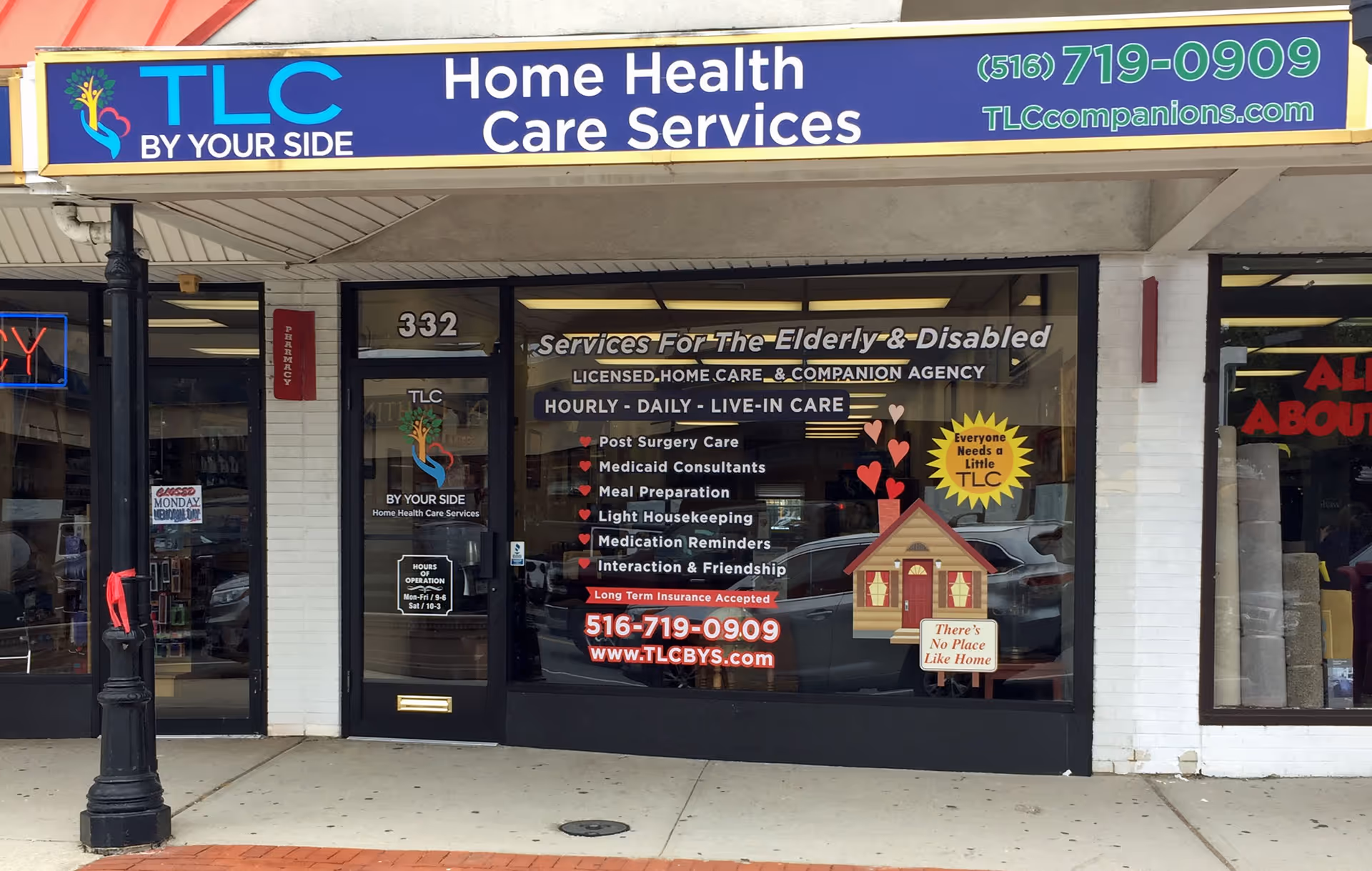 Storefront of TLC Home Health Care Services with large blue sign and window advertisements.