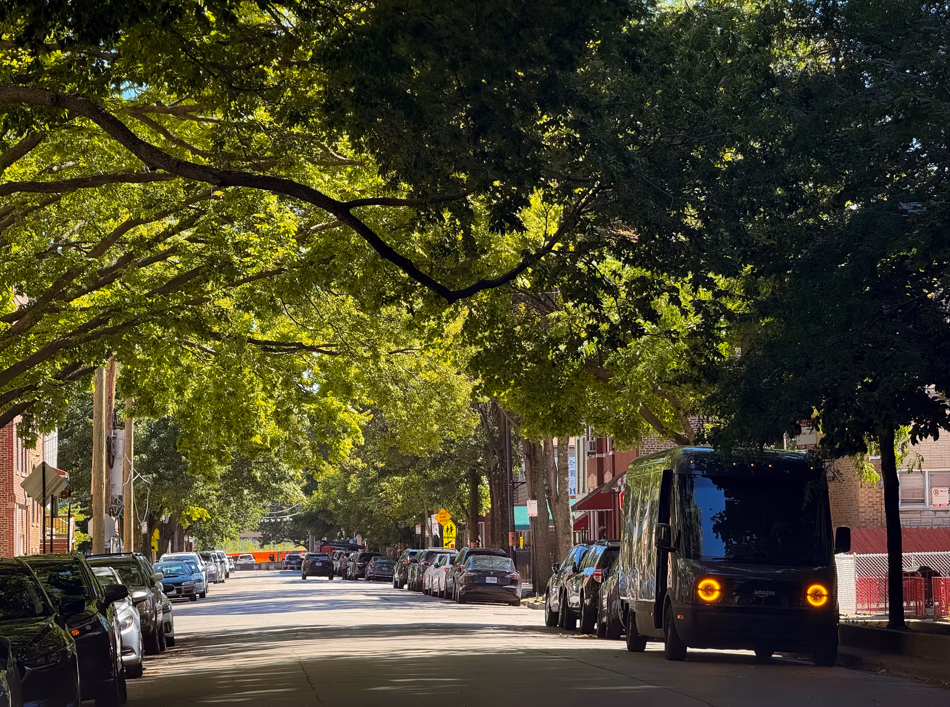 Tree-lined urban street with parked cars and a black van along the curb.
