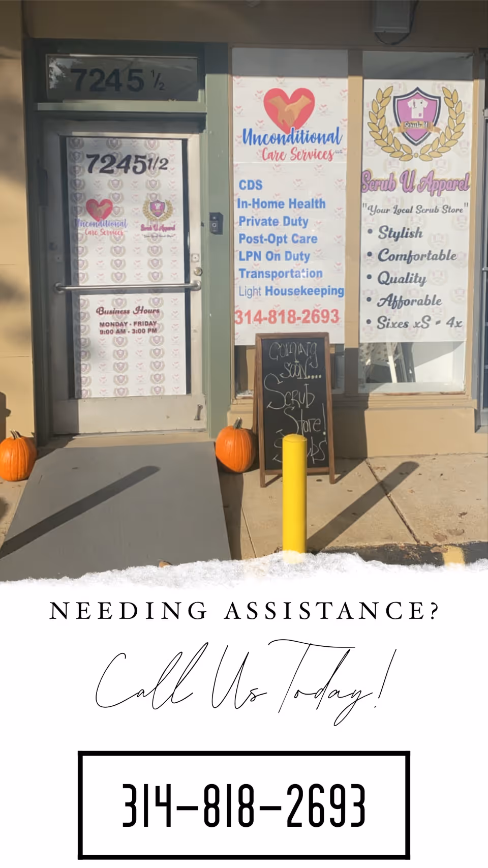 Front storefront with Unconditional Care Services LLC signage and pumpkins outside entrance.
