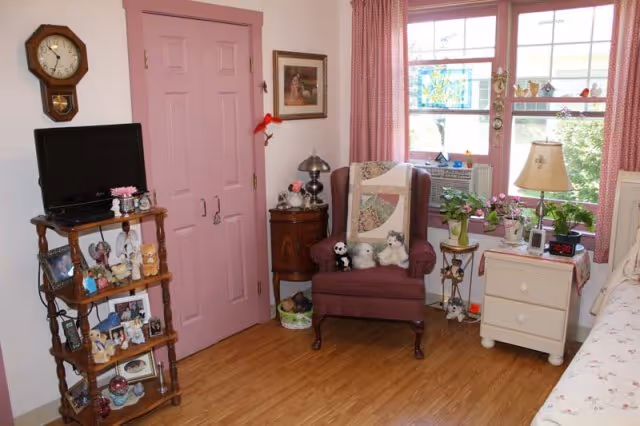 Cozy bedroom with a wingback chair, small shelving unit with TV and knickknacks, pink-trimmed closet and a window with plants.