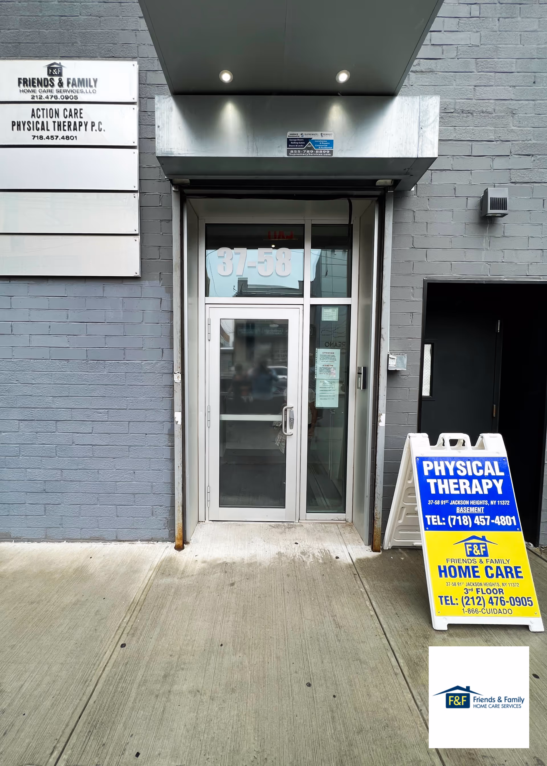 Exterior entrance of Friends and Family Home Care Services with a glass door and signs.