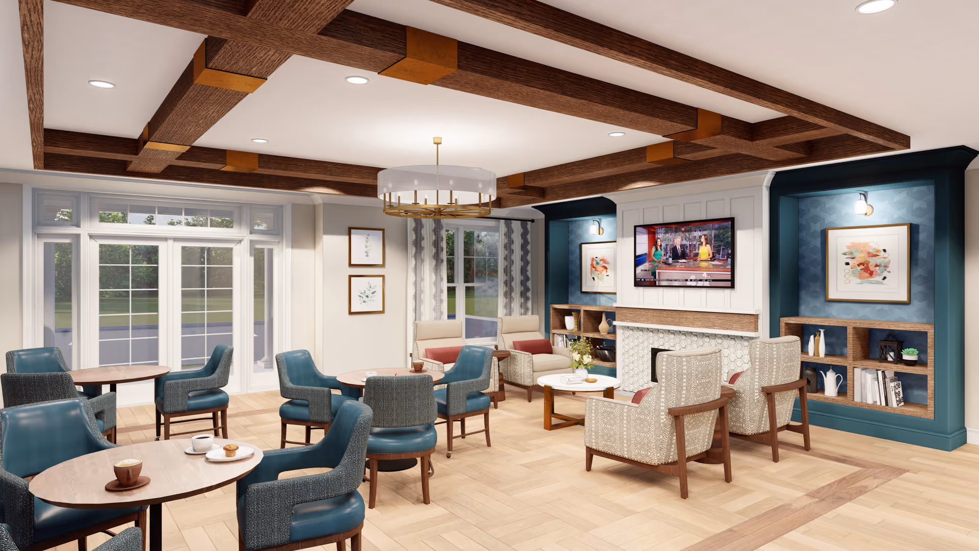 Bright senior living lounge featuring teal chairs, round tables, a fireplace, and a wall-mounted TV.