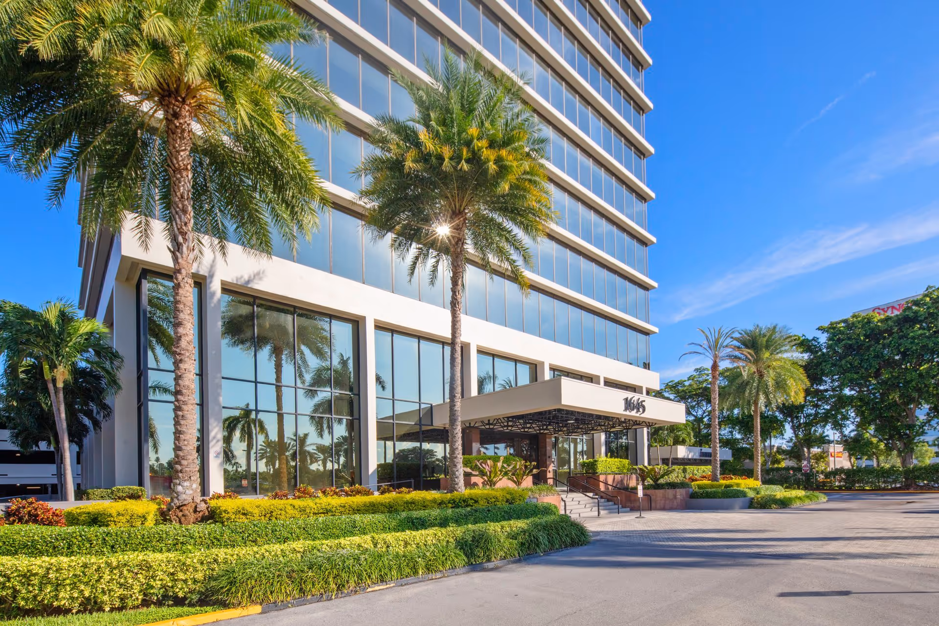 Modern glass-front building entrance with palm trees and landscaped shrubs under bright daylight.