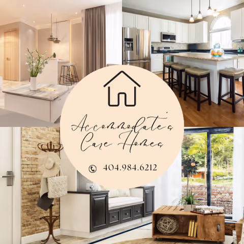 Collage of a modern kitchen, dining area, entryway, and living room at Accommodate's Care Homes