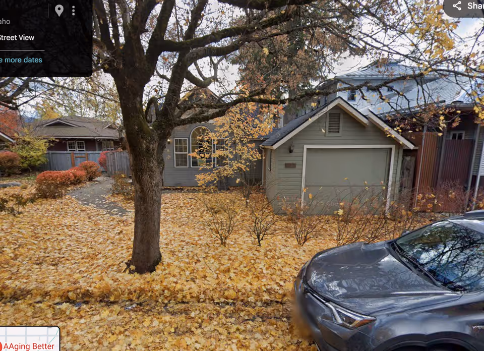 Residential front yard with autumn leaves, a gray house, and a parked car.
