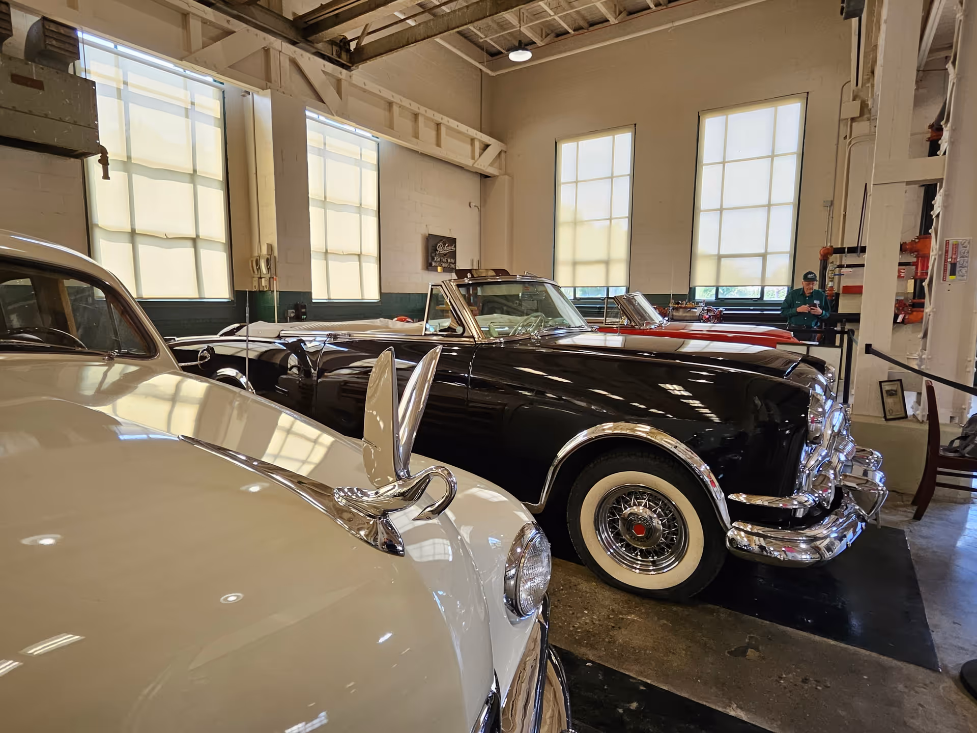 Indoor showroom with vintage cars parked side by side under large, bright windows.