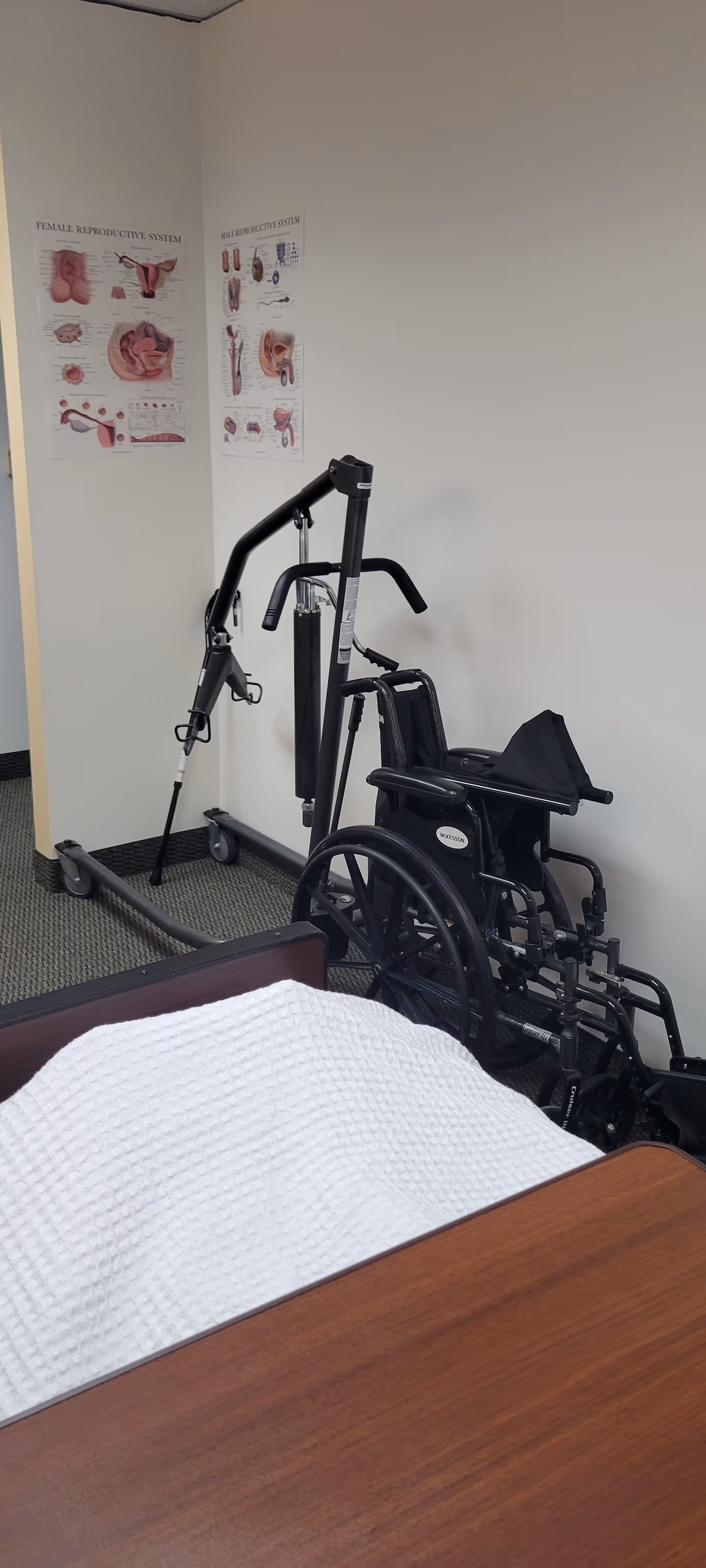 Interior hospital room with a wheelchair beside a bed and medical posters on the wall.