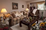 Cozy living room with plaid couches, coffee table, lamps, and decorative plants.