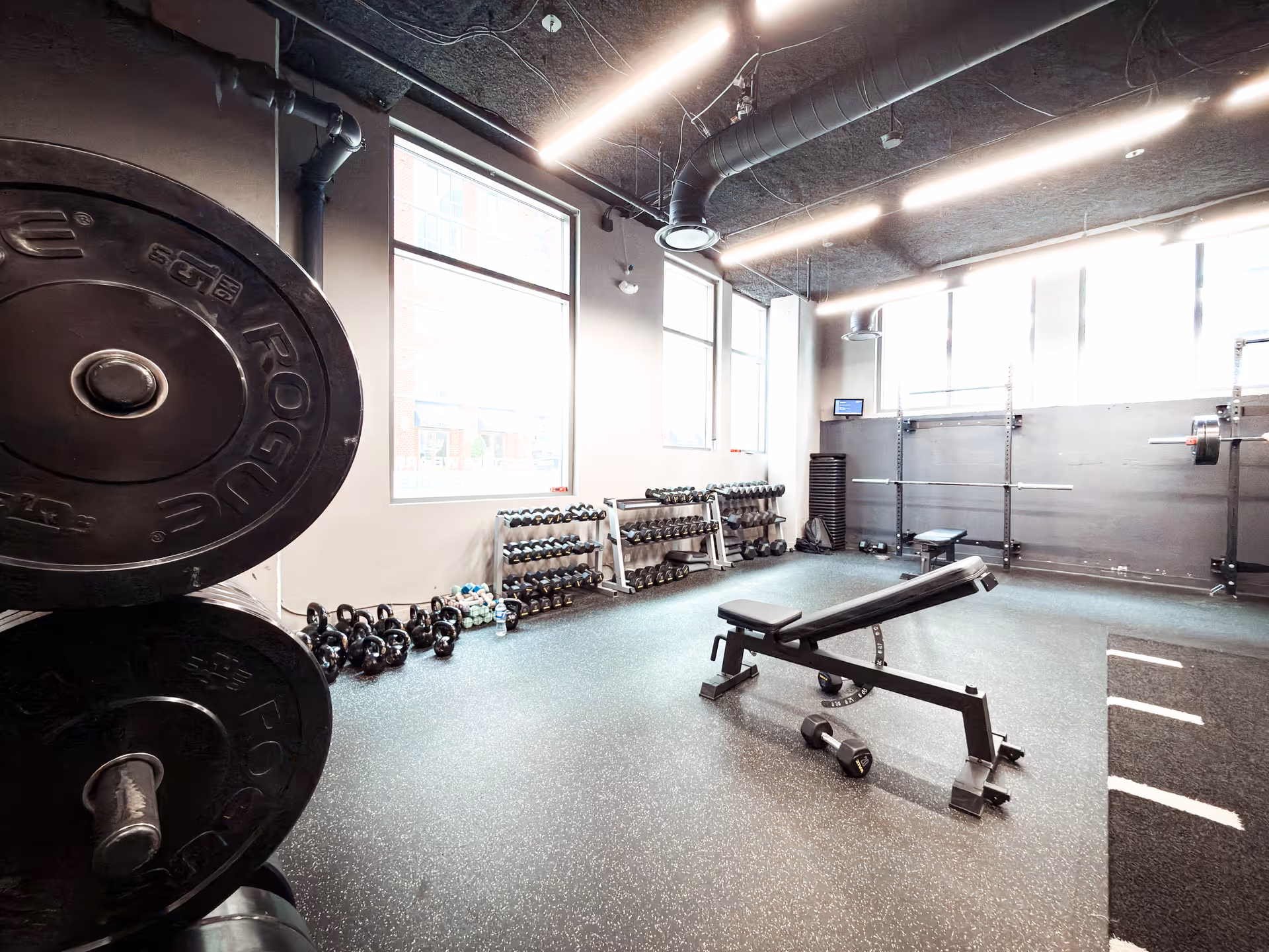 Industrial-style gym with weight plates, dumbbells, and a bench in a bright training area.
