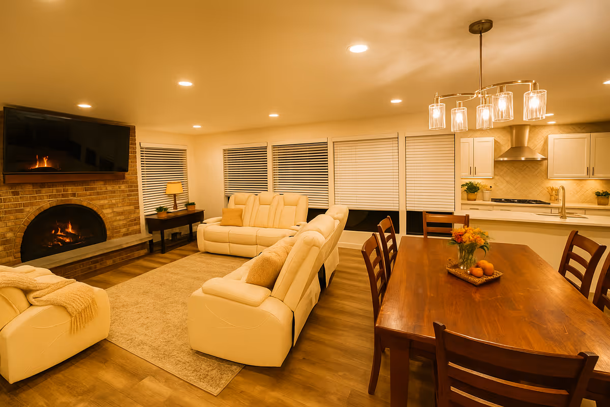 Open-concept living area with cream sofas, fireplace, TV, dining table, and modern kitchen.