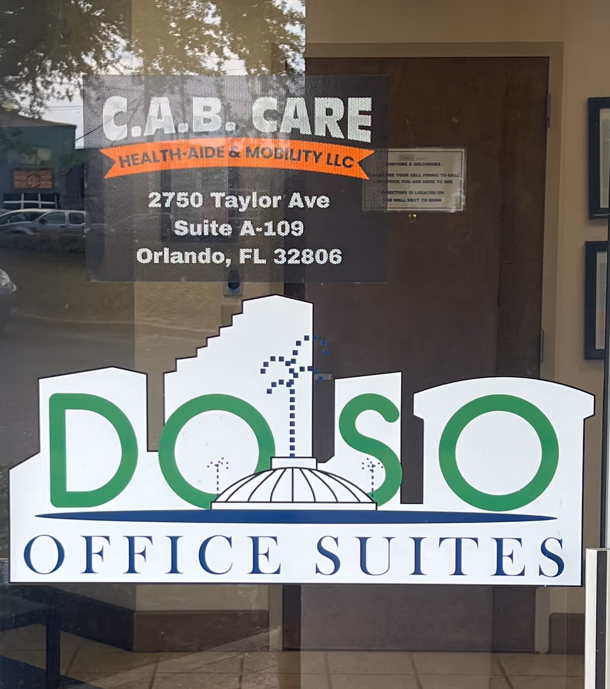 Front door window displays C.A.B. CARE Health-Aide & Mobility LLC sign.