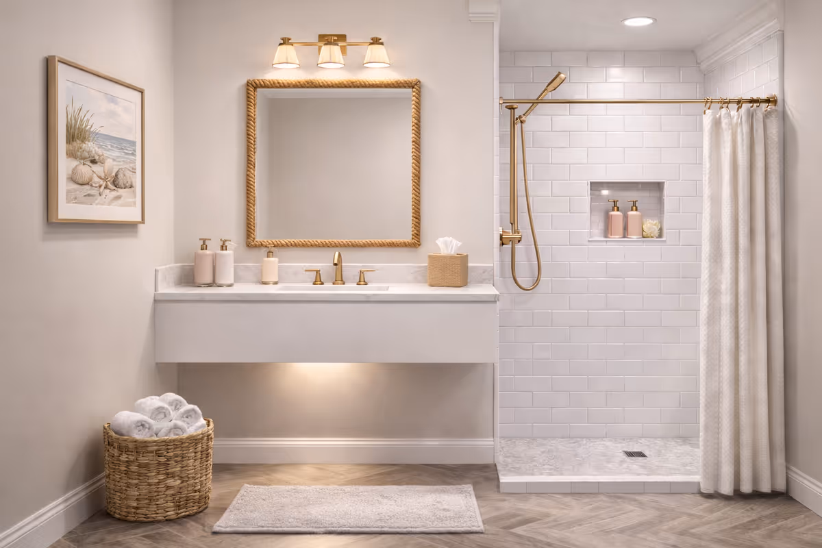Luxurious bathroom in a senior living facility with a marble vanity and walk-in shower.