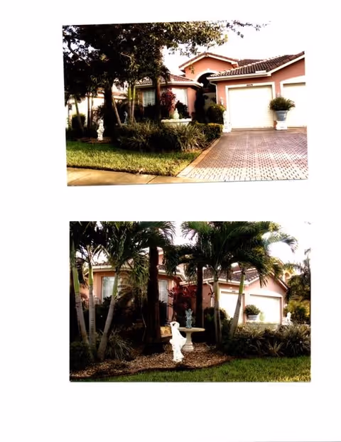 Two photos of the front exterior of a pink single-story house showing a paved driveway, palm trees, landscaping, and garden statues.