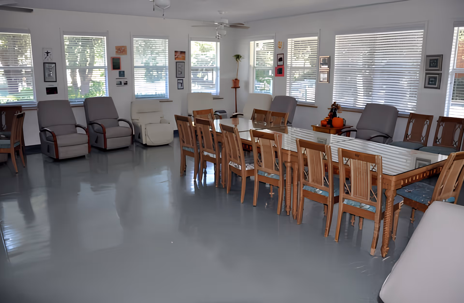 Sunny communal dining and lounge room with a long wooden table surrounded by chairs and several recliner seats along the windows.