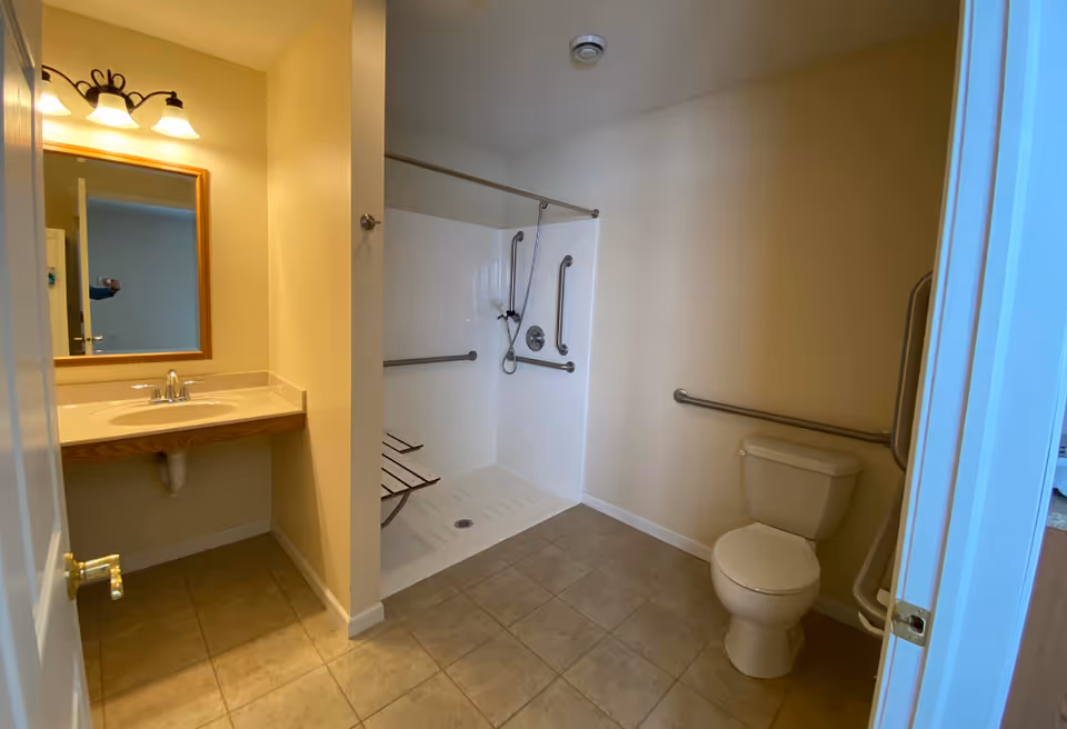 Accessible bathroom with sink, mirror, walk-in shower, toilet, and grab bars.