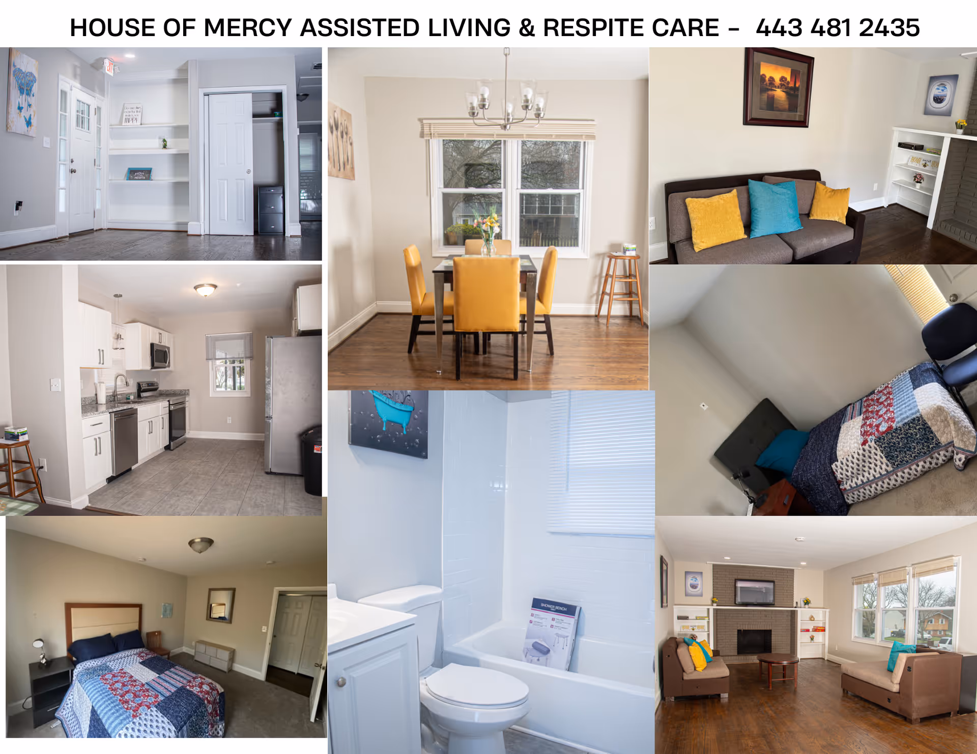 Interior collage of a senior living facility showing dining, kitchen, living areas, and bedrooms.