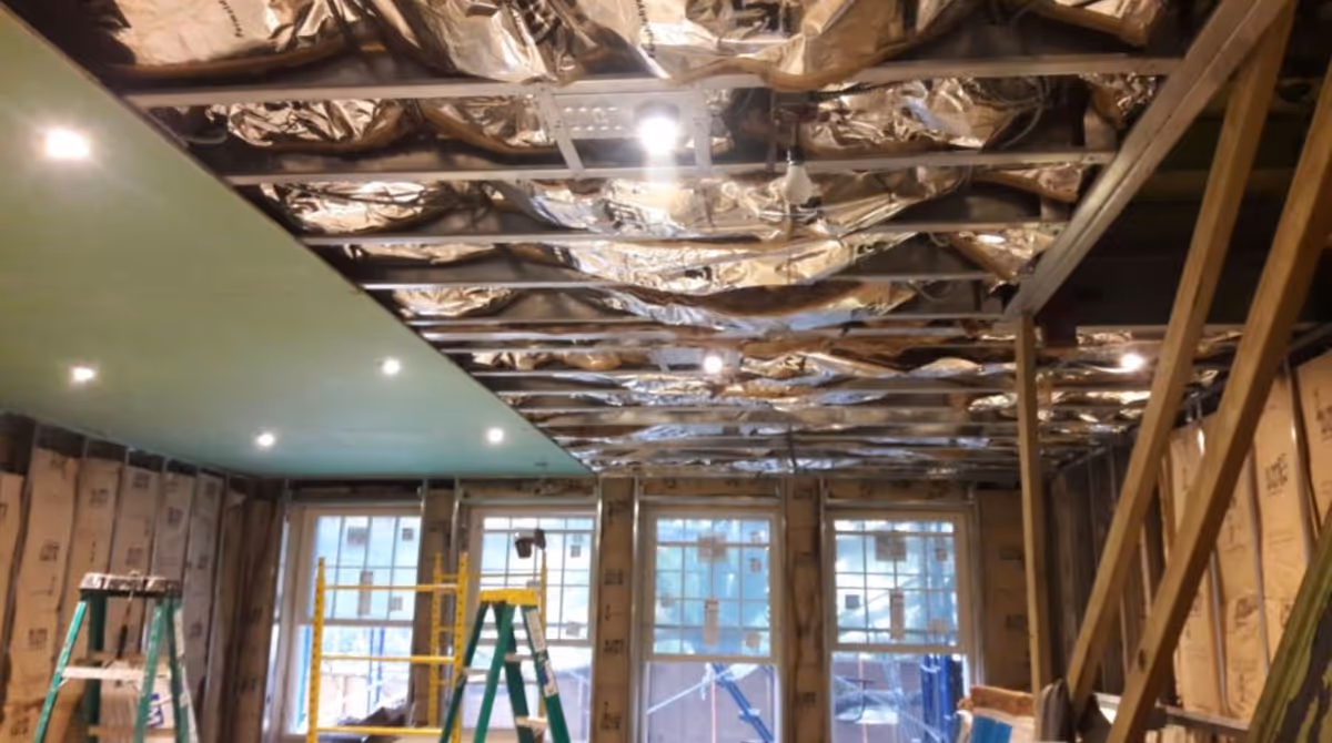Interior under renovation with exposed ceiling insulation, ladders, scaffolding, and large windows.