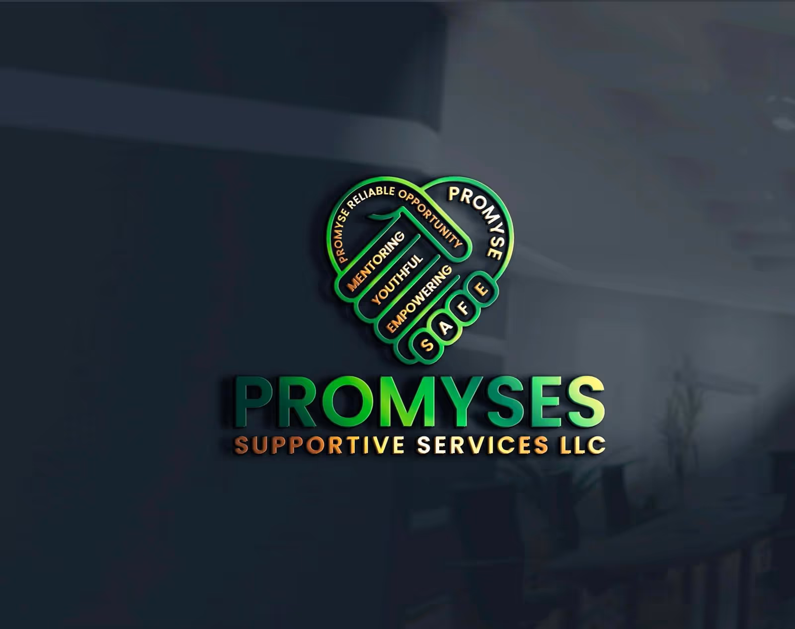 Indoor wall featuring a neon Promyses logo and supportive services LLC branding.