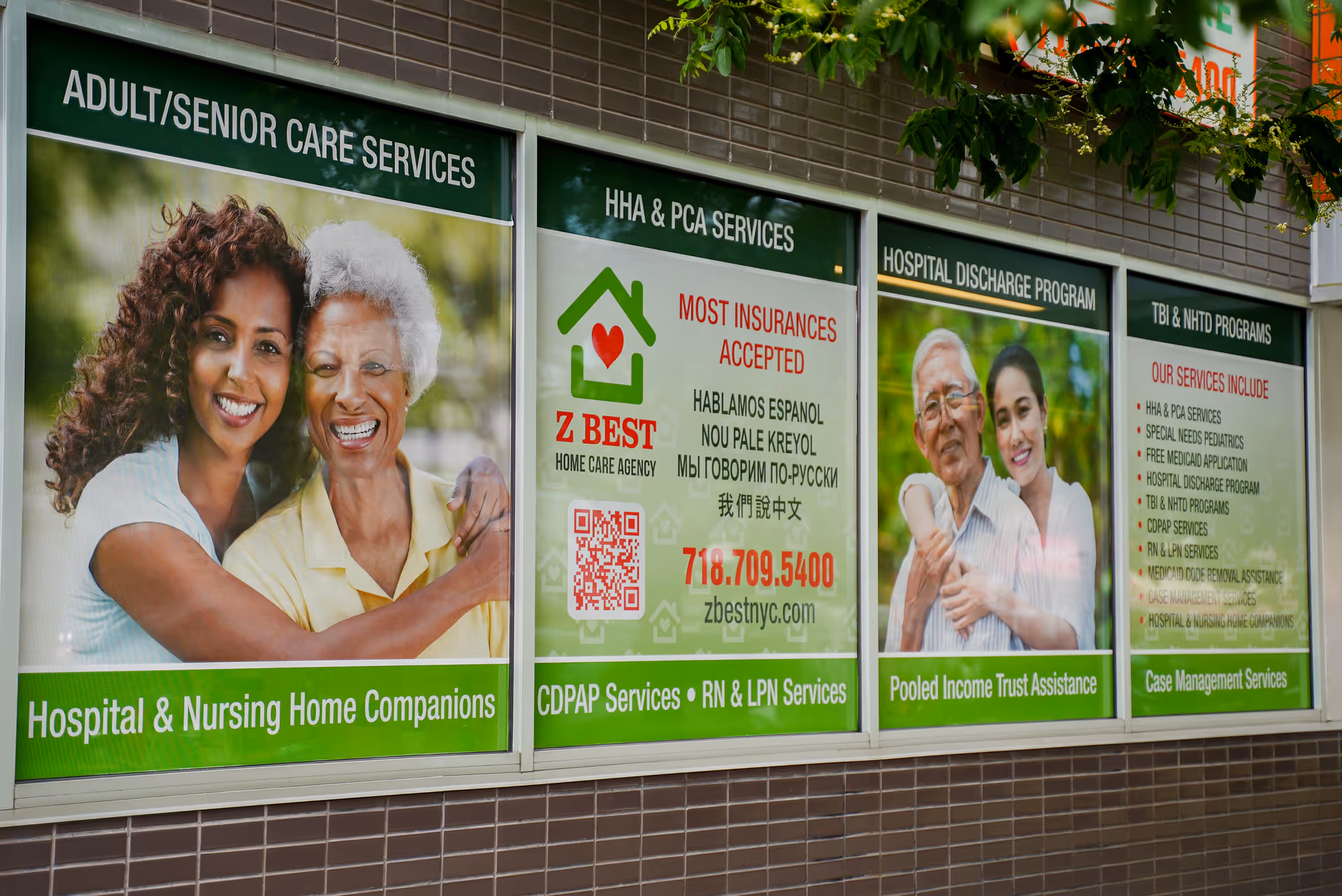 Storefront with green banners advertising Z Best Home Care and senior care services.