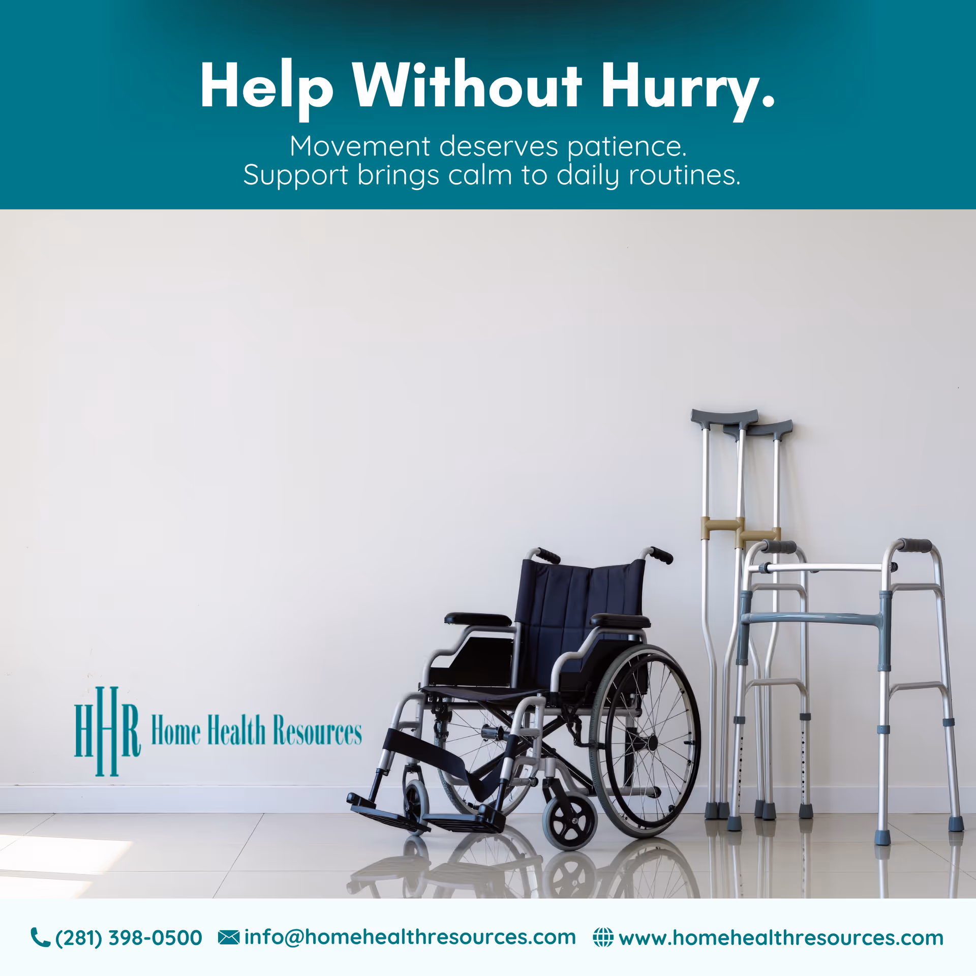 Wheelchair, walker, and crutches arranged against a plain interior wall in a bright room.