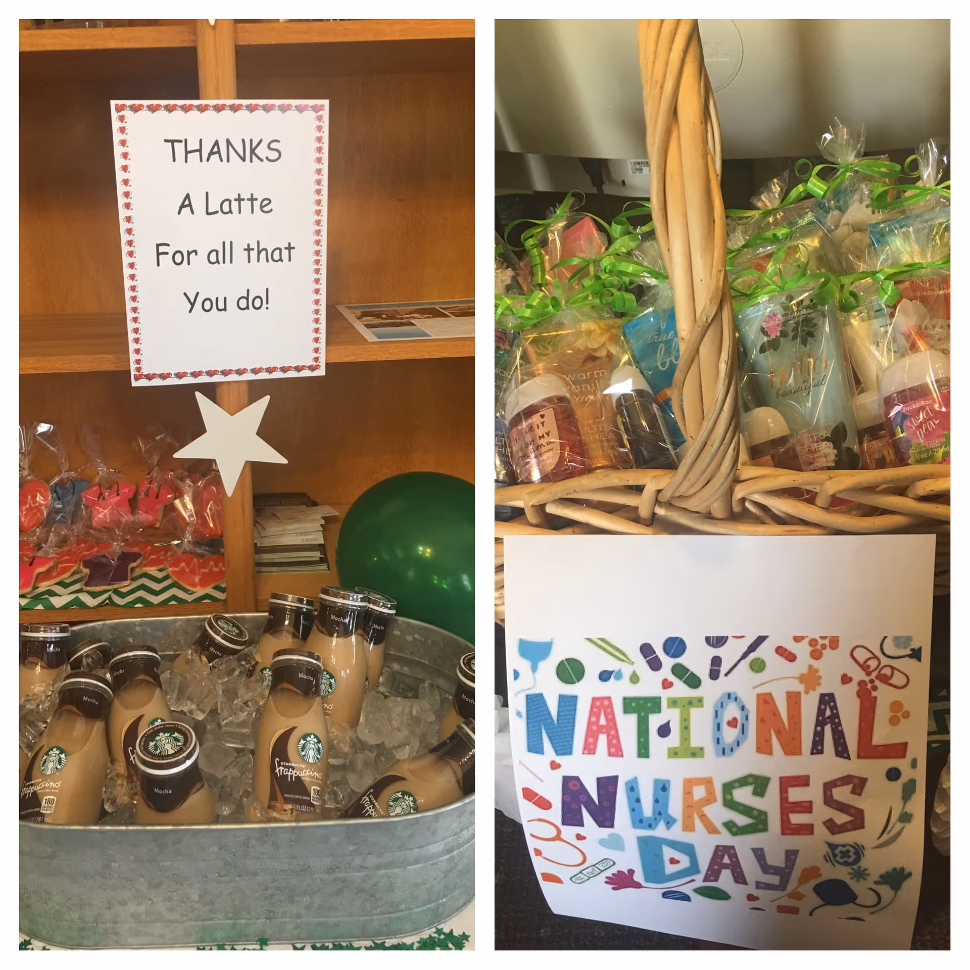 Two-panel collage of beverage display and National Nurses Day decorations inside a senior facility.