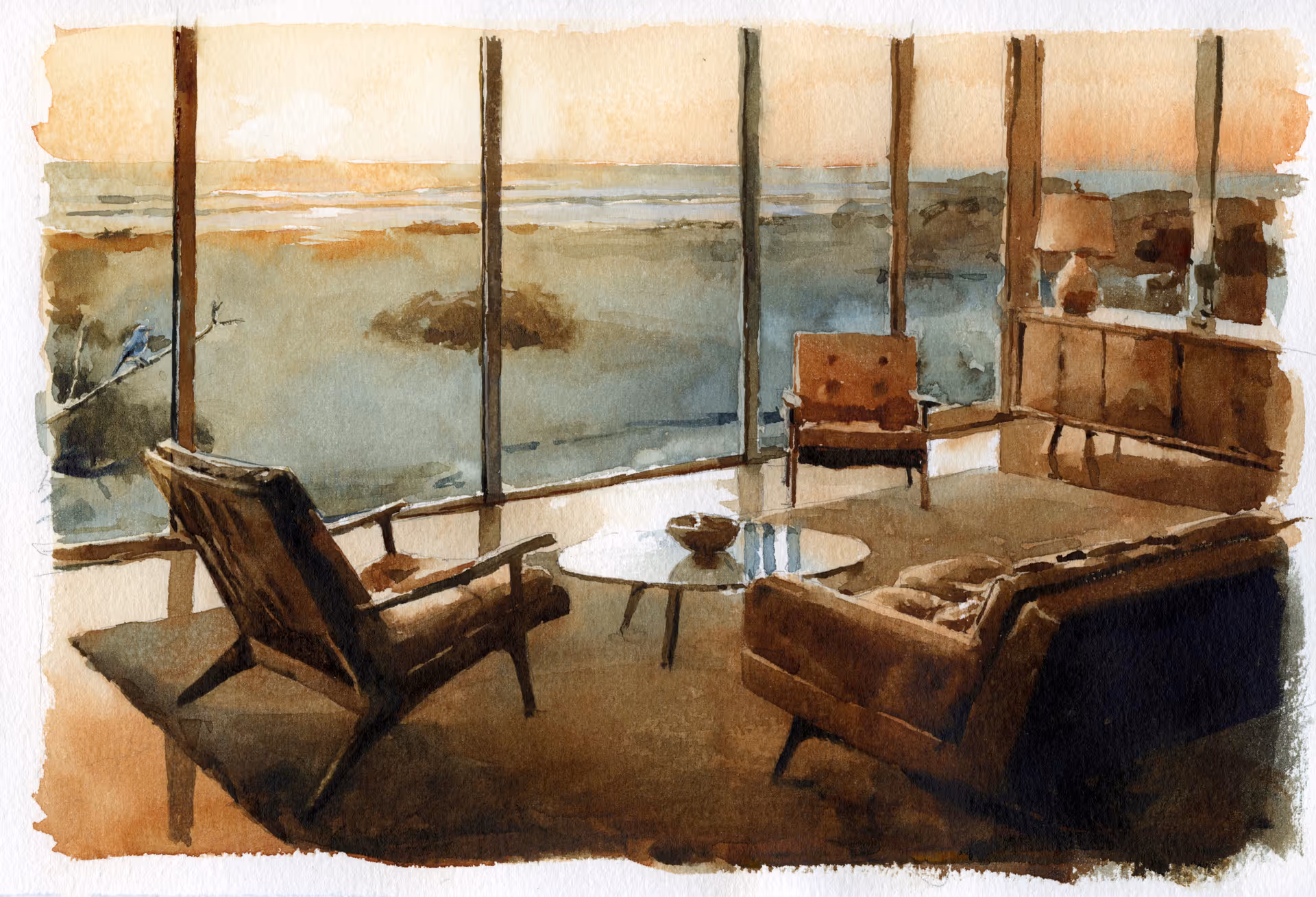 Watercolor interior of a living room with large windows and seating.