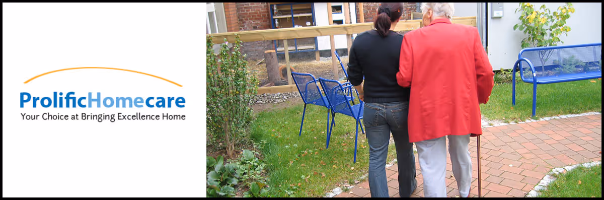 Outdoor scene with Prolific Homecare logo beside two people on a brick path
