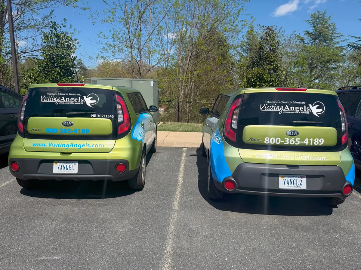 Two green Visiting Angels vans parked in a lot, rear views visible.
