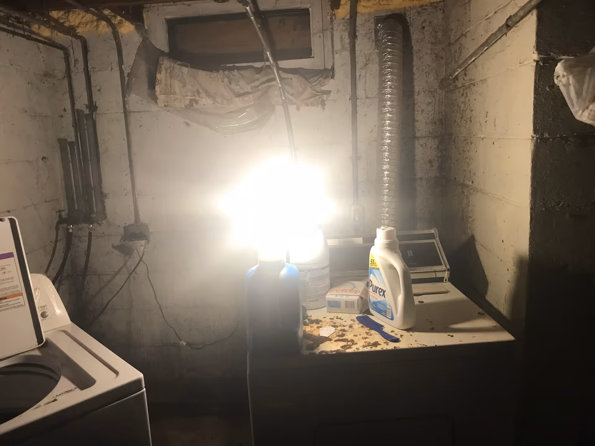 Dim basement laundry area with washer, dryer, detergent bottles, and exposed pipes.