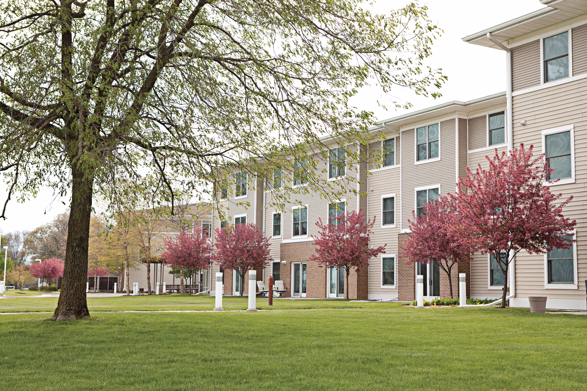 Exterior view of a senior living facility building with beige siding and brick accents, surrounded by green grass and trees with pink blossoms.