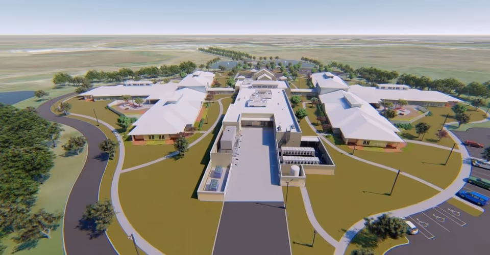 Aerial view of a large State Veterans' Nursing Home campus with connected buildings