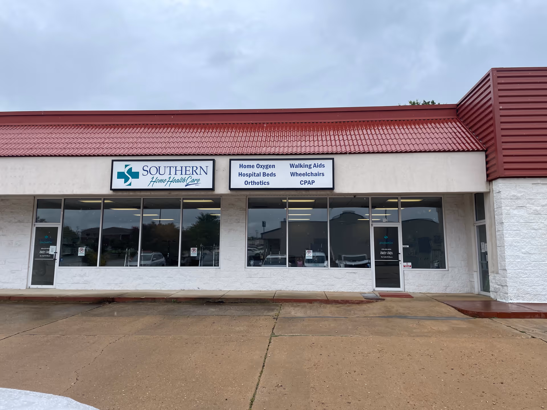 Front exterior of a storefront-style building with Southern Home Health Care signage.