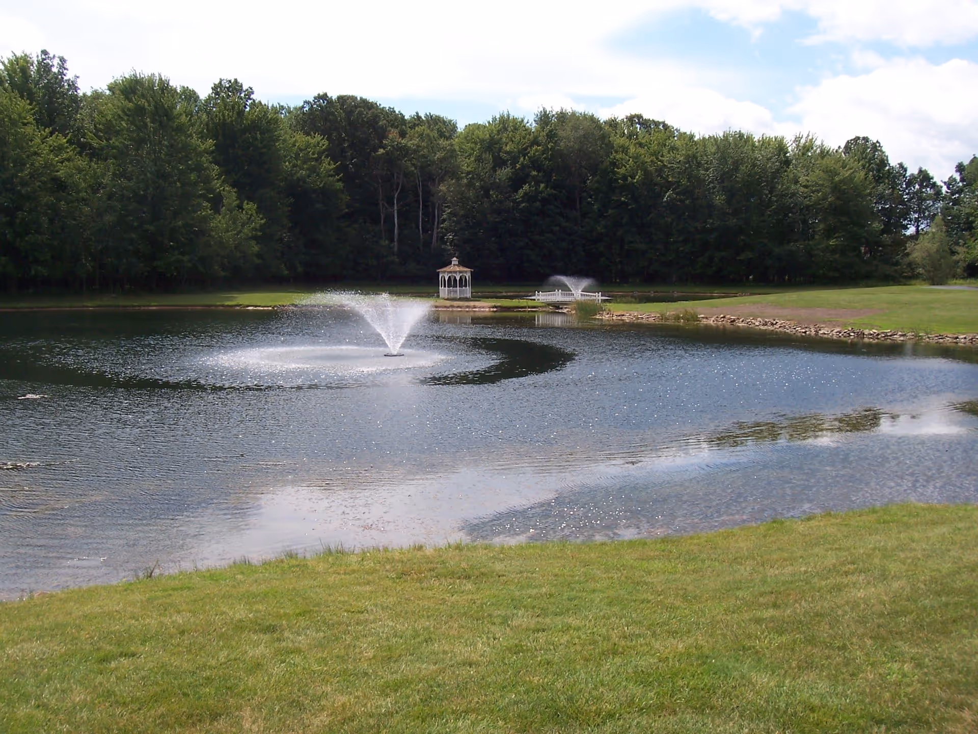 Grassy foreground leading to a pond with two water fountains and a small gazebo, bordered by trees.