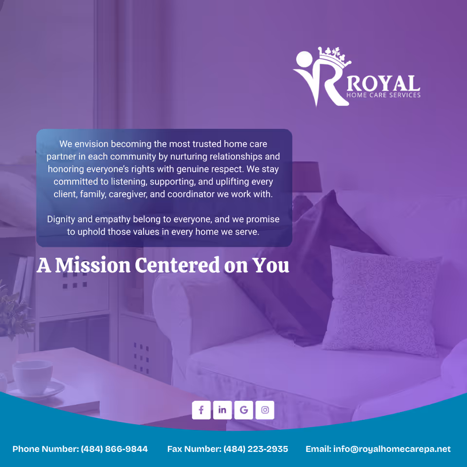 Cozy lounge interior with sofa, cushions, coffee table, and Royal Home Care branding.