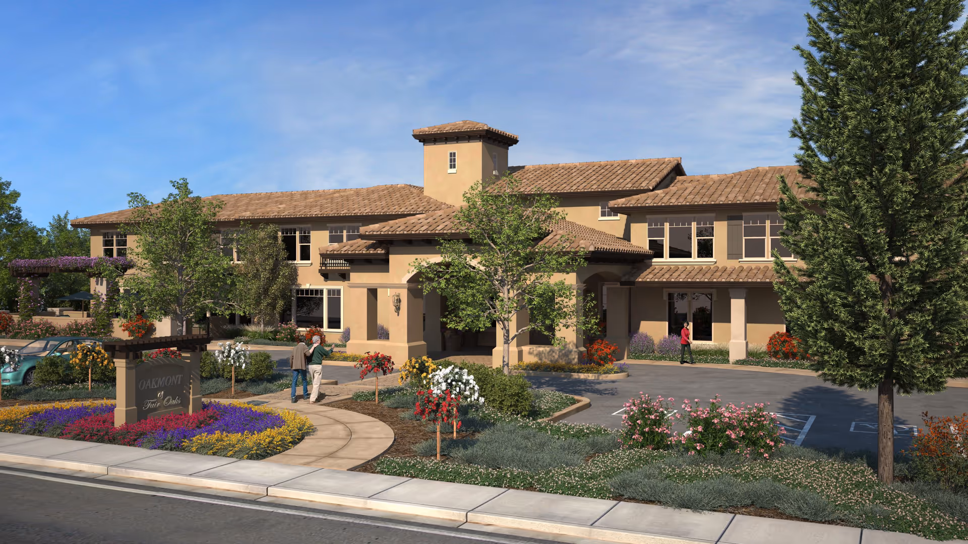 Exterior view of Oakmont of Fair Oaks with landscaped entrance and pedestrians.