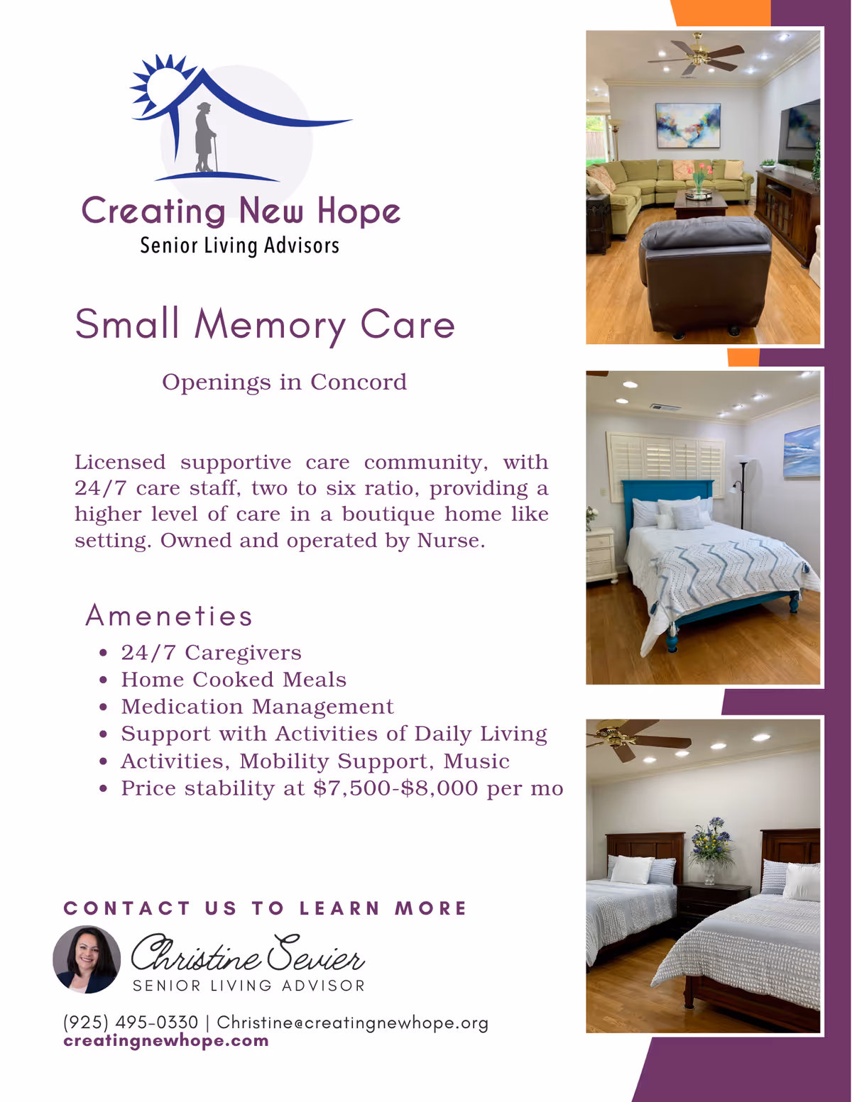 A promotional flyer showcasing interior photos of a living room and bedrooms for memory care.