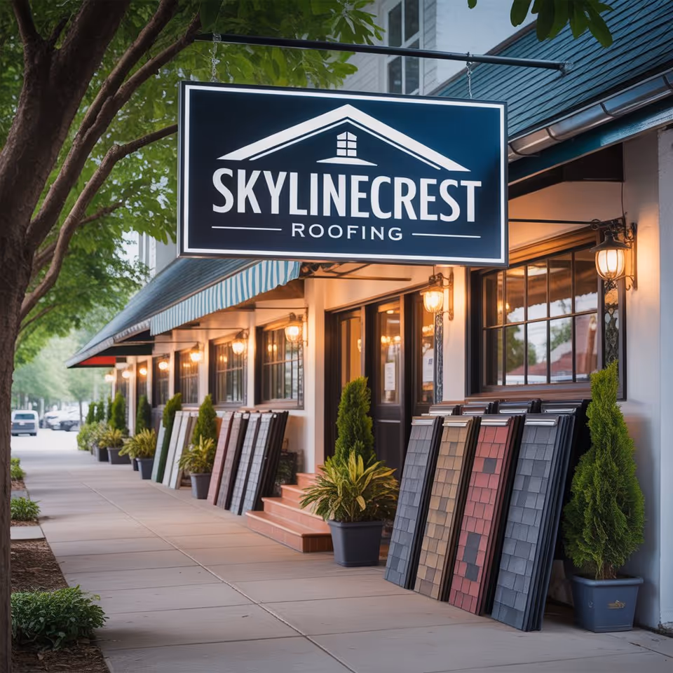 Exterior storefront with a large Skylinecrest Roofing sign and display of roof samples along sidewalk.