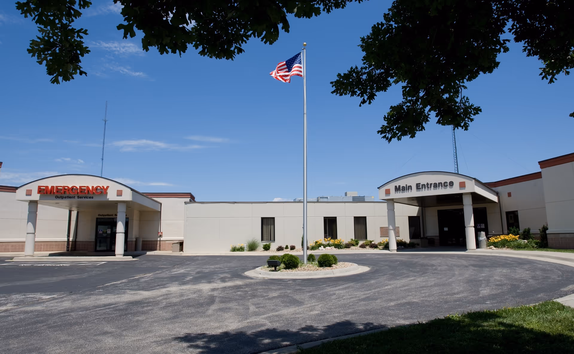 Exterior view of Coffey County Hospital front with emergency and main entrance under clear sky