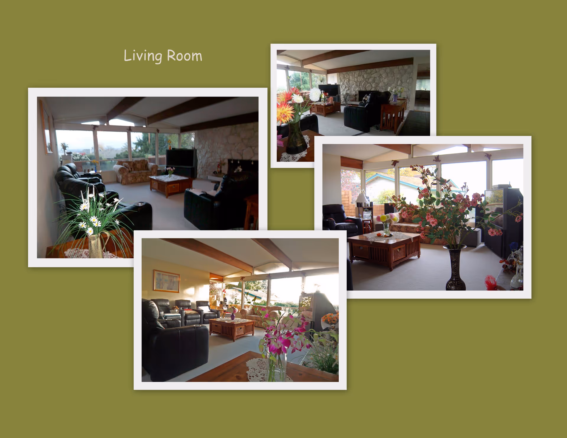 Collage of living room photos featuring sofas, coffee tables, large windows, and floral arrangements.